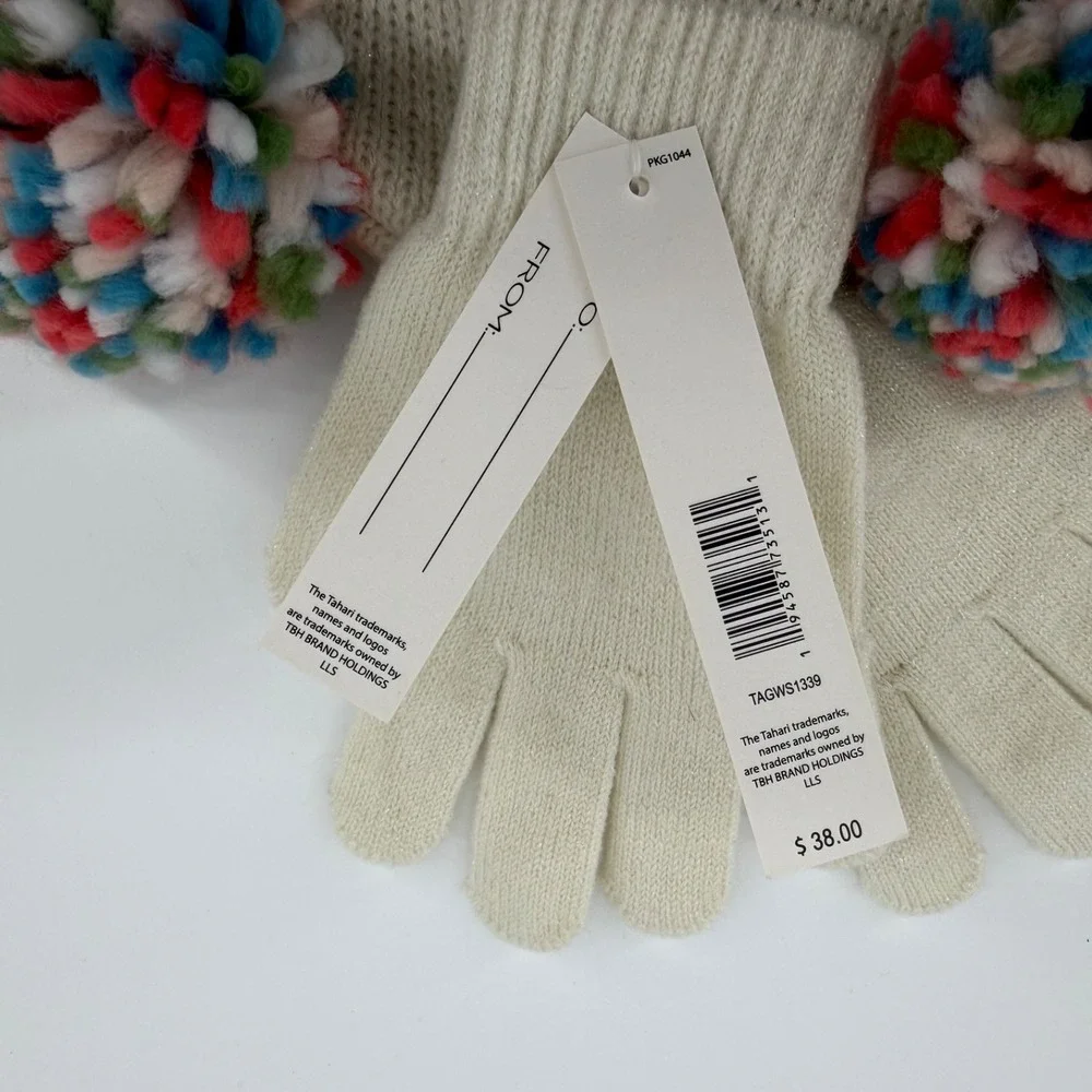 Tahari Girl Pom Pom Hat Gloves Set Ivory Knit Winter Beanie Sparkle NWT